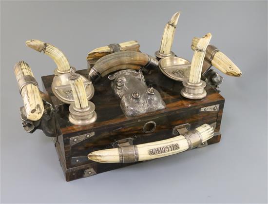 An impressive Victorian silver and hippopotamus tusk mounted coromandel wood rectangular smokers compendium, width approx. 48cm.